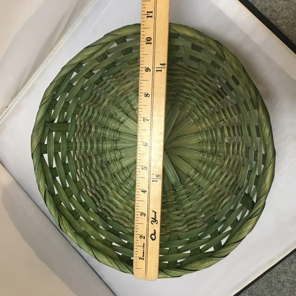 Woven Bamboo Basket Home Decor OS Green Round Decorative Bowl Bohemian